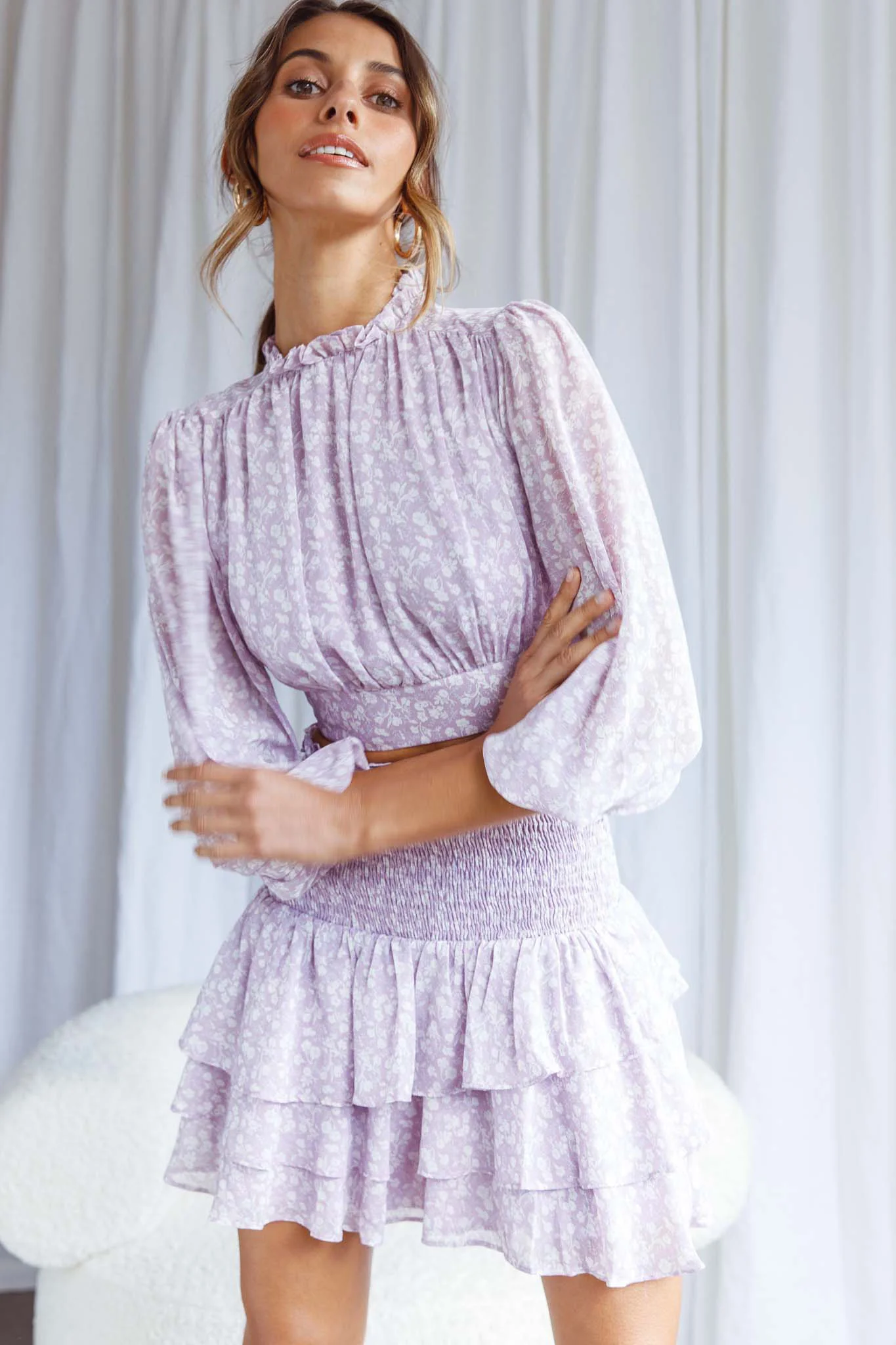 Whisked Away Balloon Sleeve Open Back Crop Top Floral Print Lilac