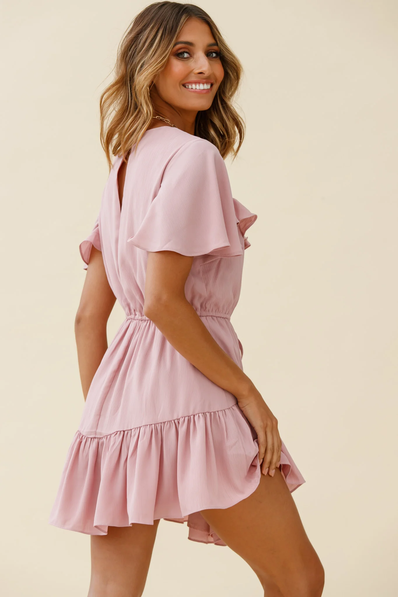 Forever Free Angel Sleeve Drawstring Waist Dress Blush