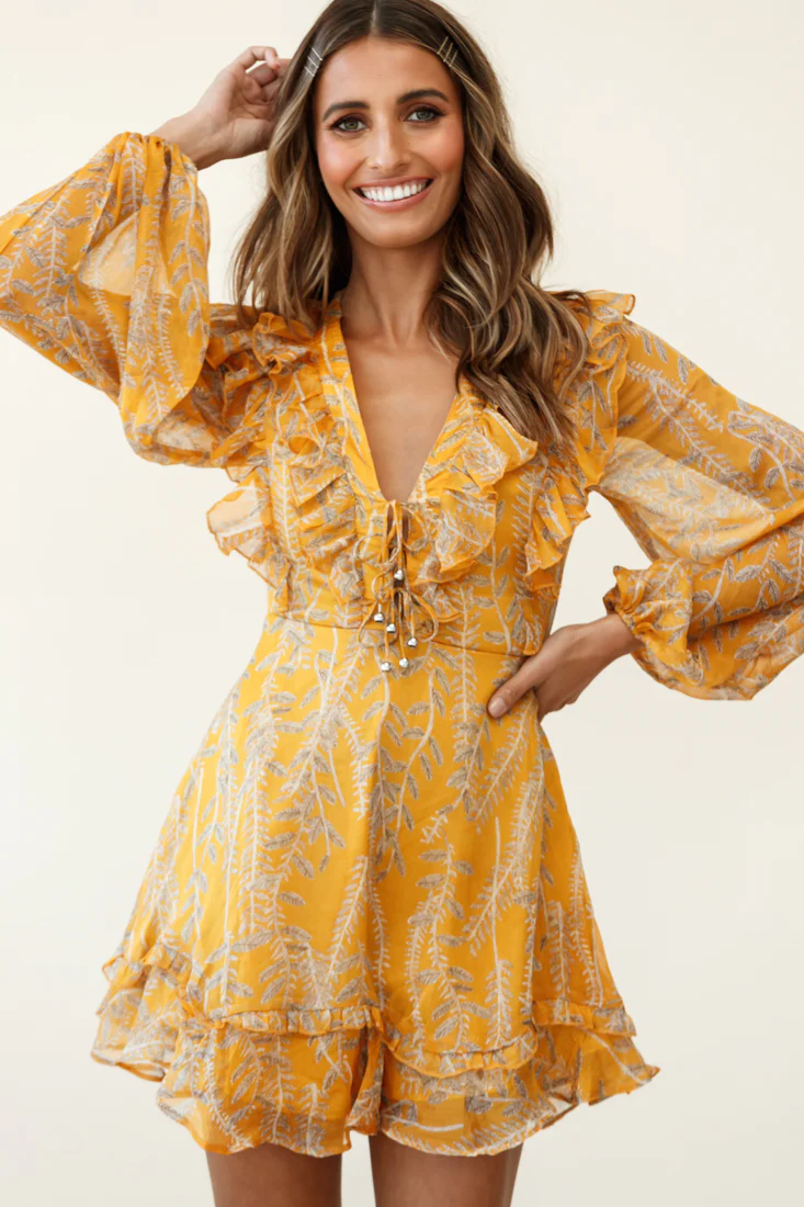Odette Long Sleeve String Tie Neckline Vine Print Dress Mustard