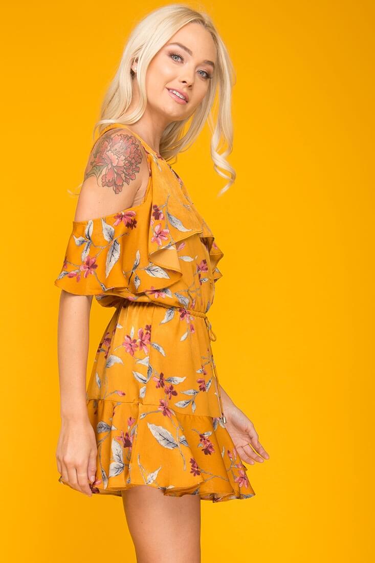 Camila Floral Off The Shoulder Romper Orange