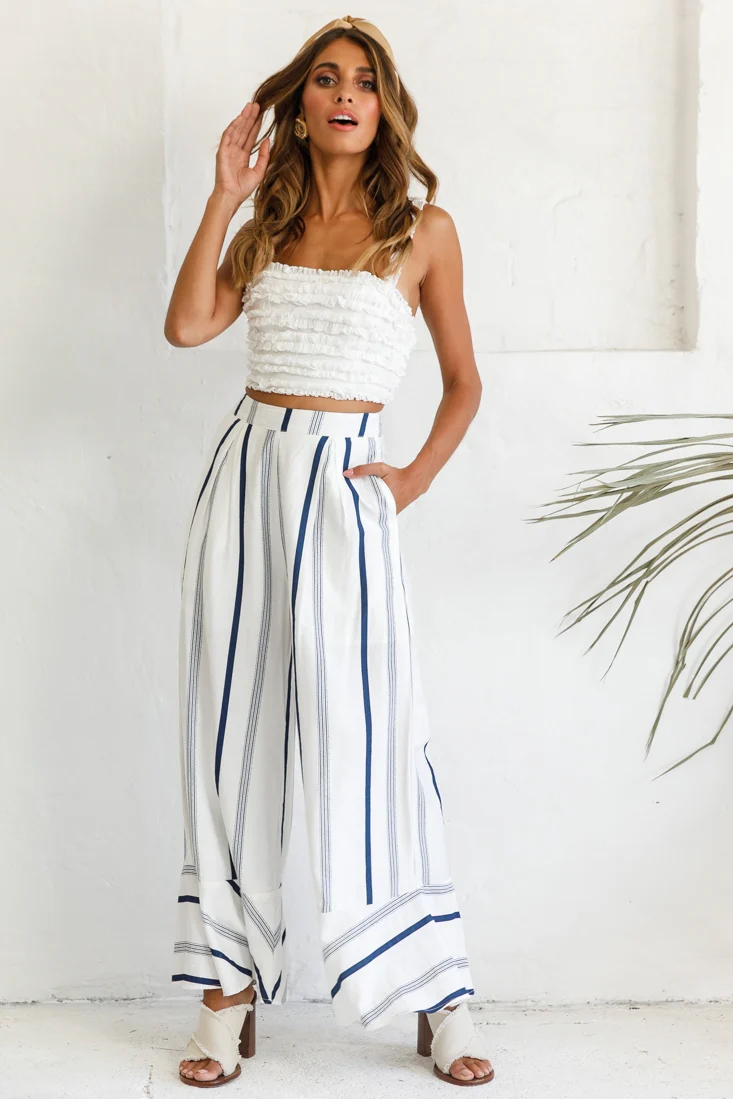 Hermosa Wide Leg Pocket Pants Stripe Print Navy