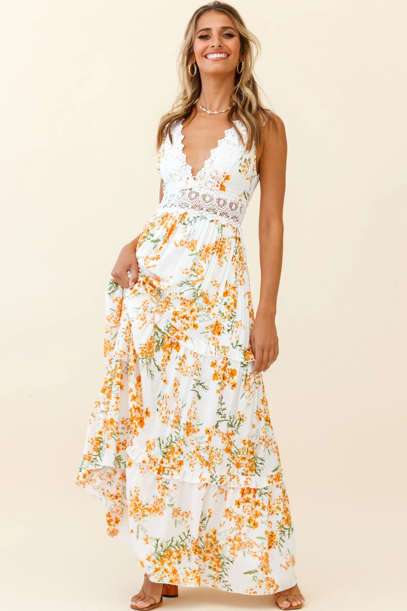 Indio Crochet Insert Deep V-Neckline Maxi Dress Floral Print White/Orange