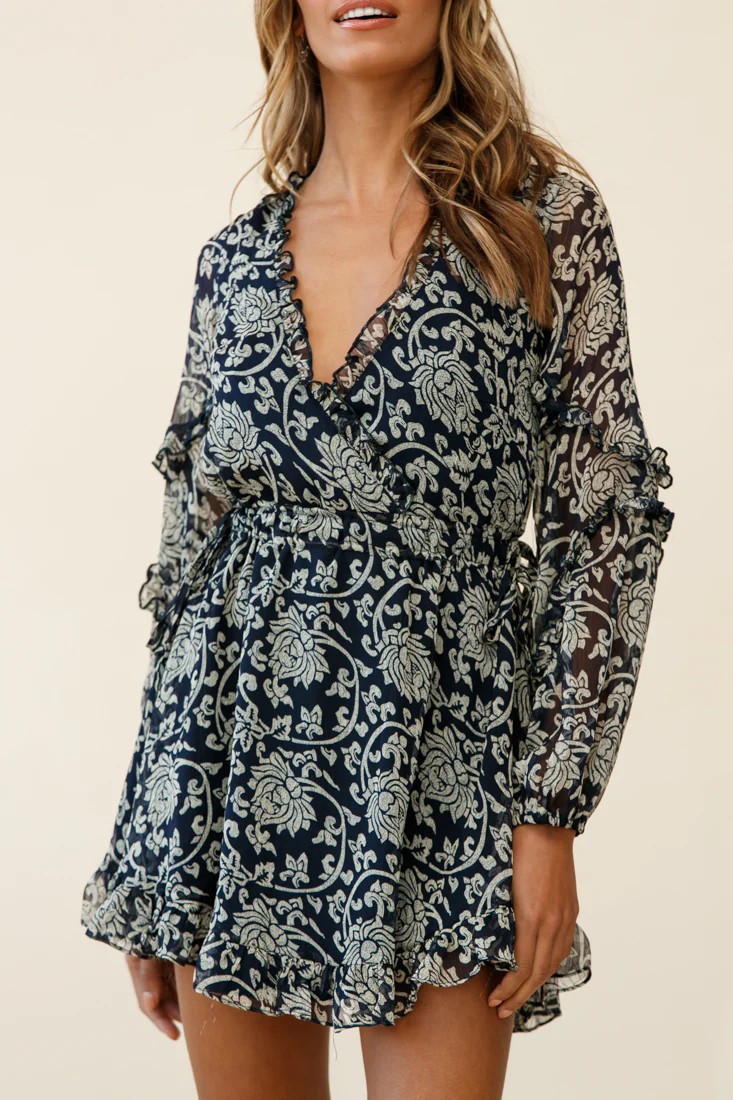 Lima Long Sleeve Drawstring Waist Frill Dress Floral Print Navy