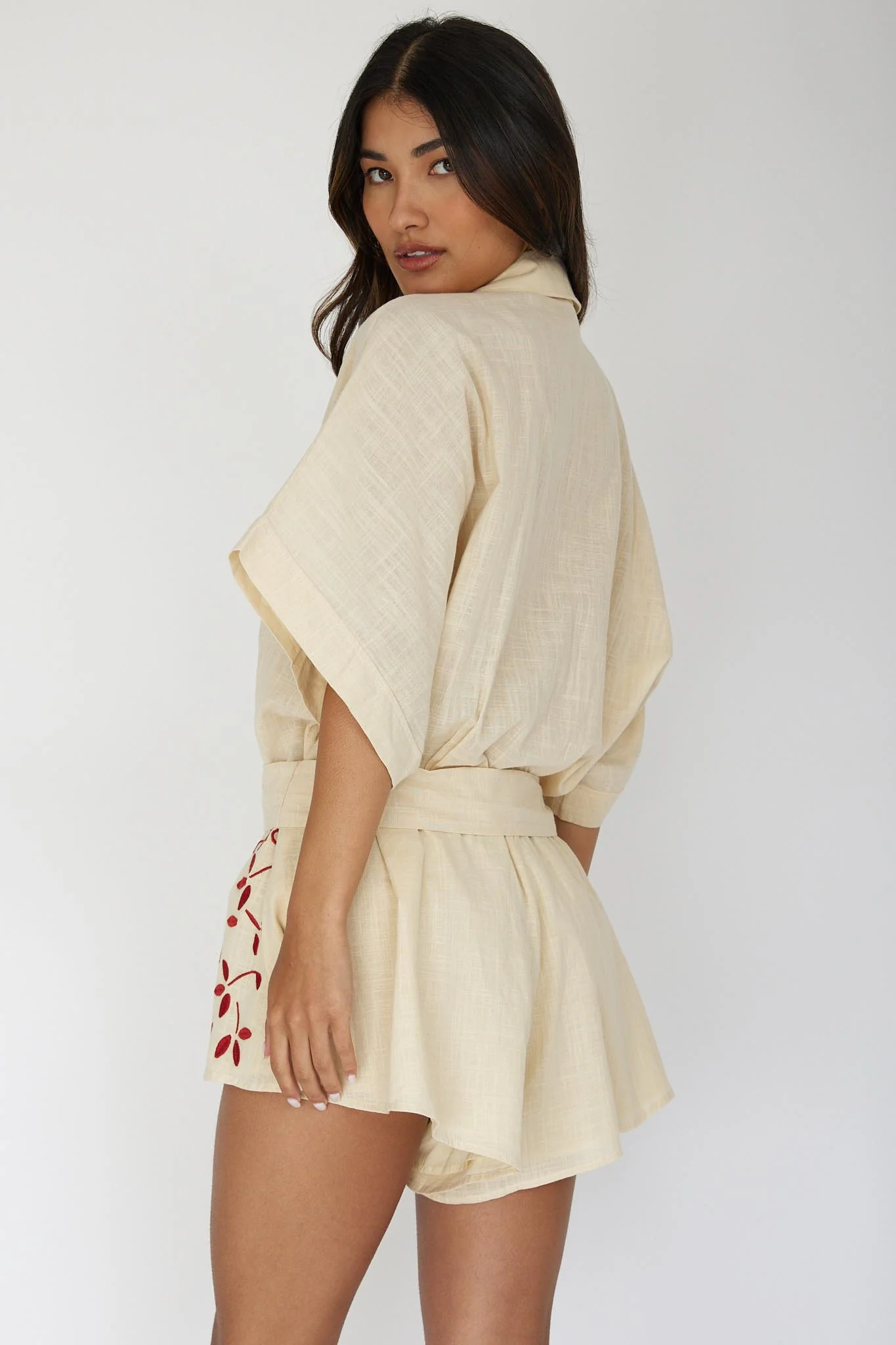 Daytona Beach Button-Up Romper Embroidered Oat