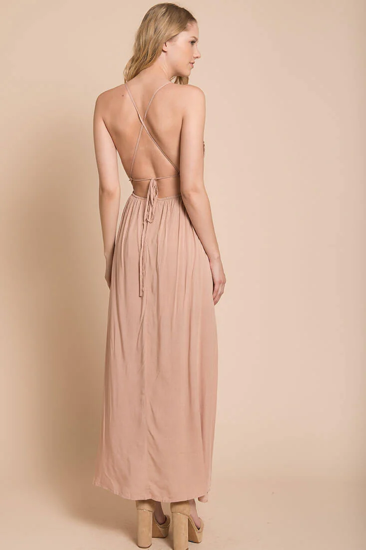 Summer Wedding Embroidered Floral Maxi Dress Mocha