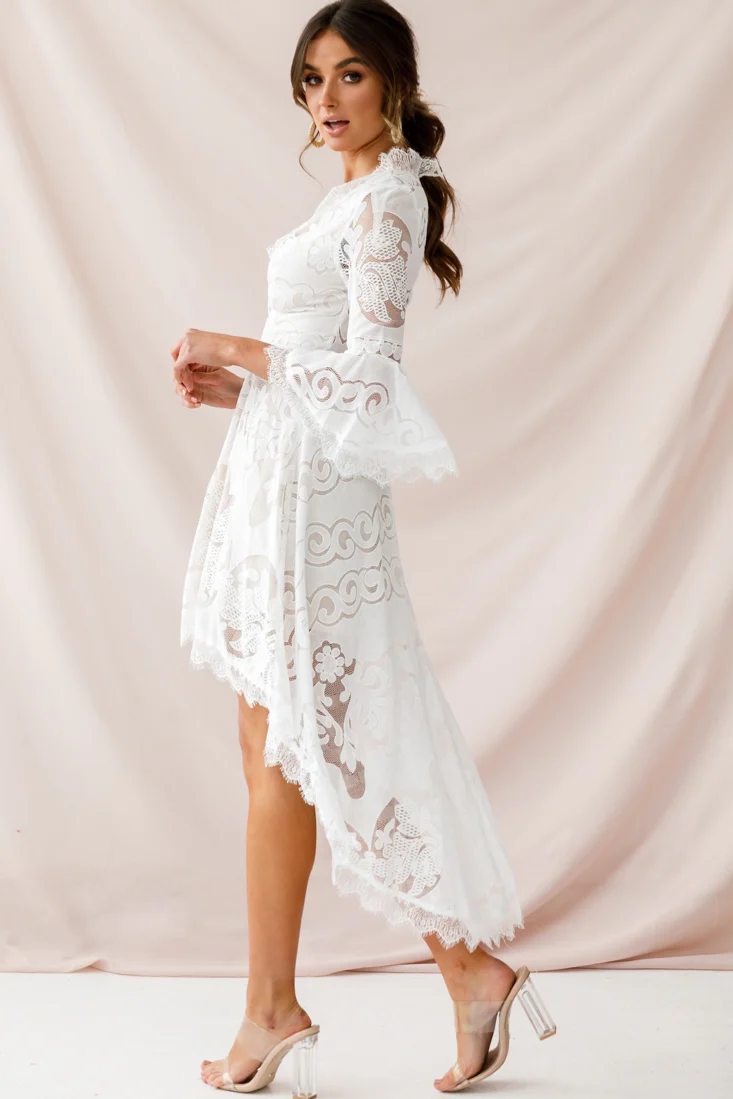 Chantilly High-Low Bell Sleeve Dress White