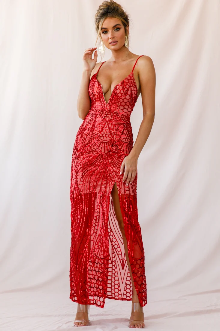 Miya Sequin Overlay Plunging Neckline Dress Red