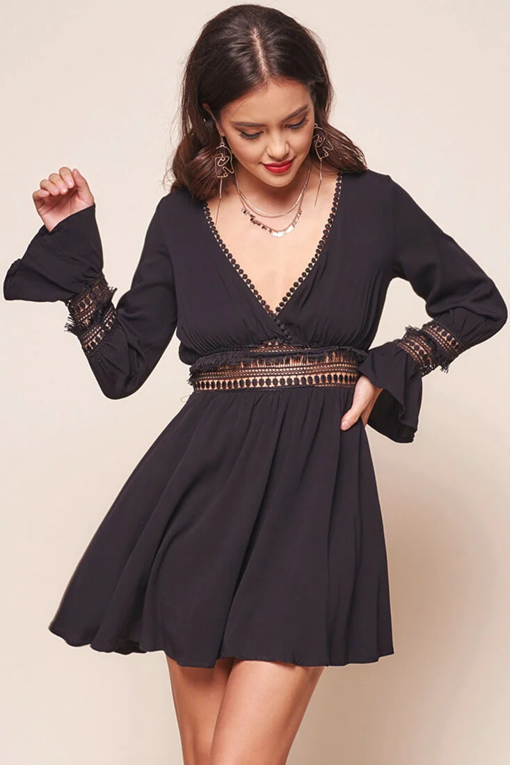 Octavia Deep V Peek-a-Boo Bohemian Fit and Flare Dress Black