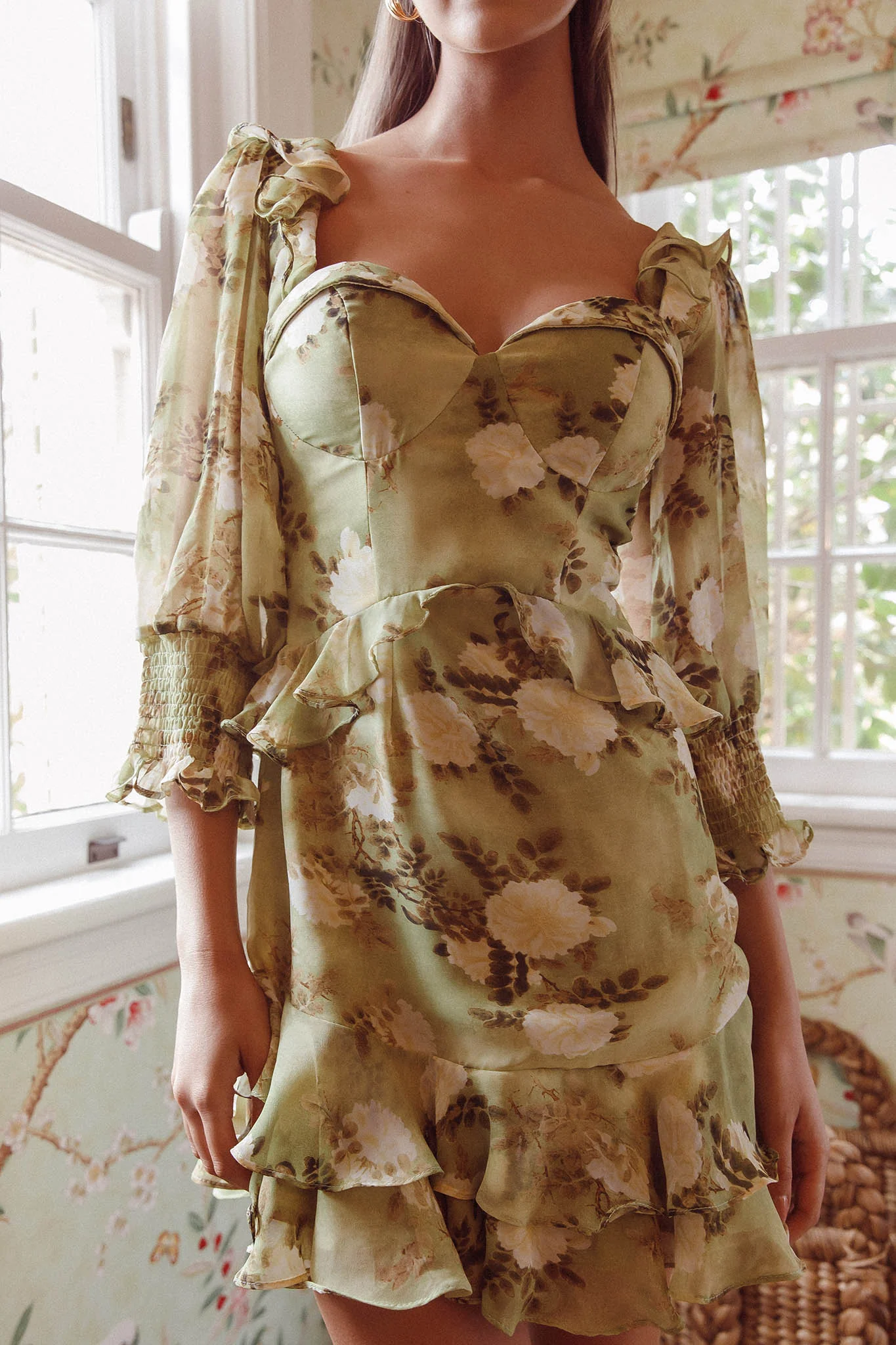 Desiree 3/4 Sleeve Sweetheart Neckline Frill Dress Floral Green