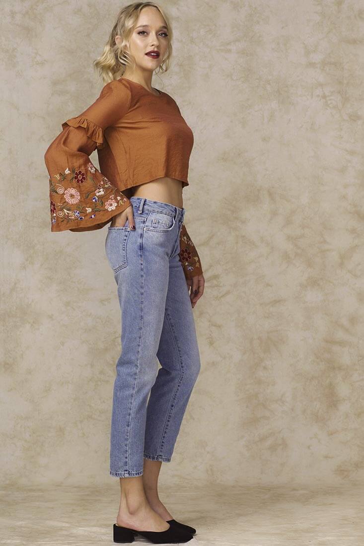 Normani Floral Bell Sleeved Crop Top Orange