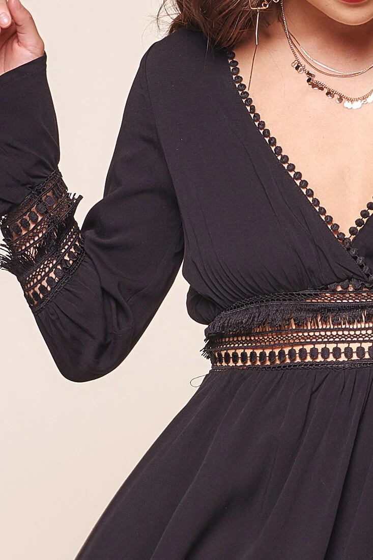 Octavia Deep V Peek-a-Boo Bohemian Fit and Flare Dress Black