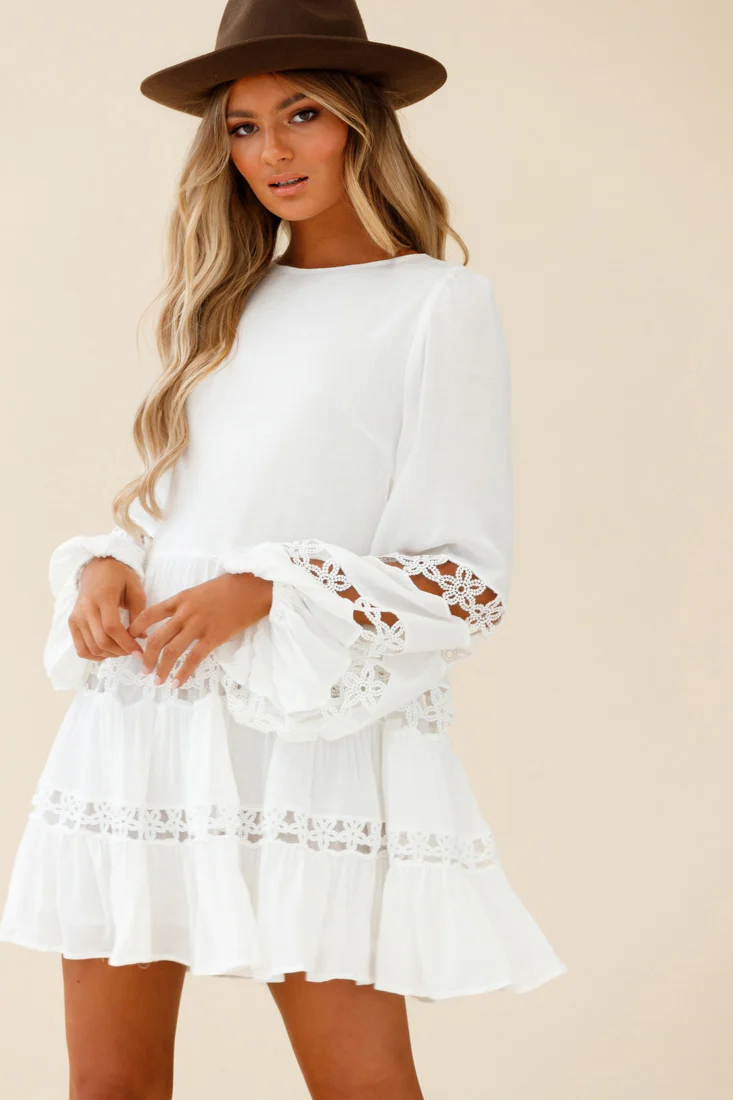 Miles Away Long Balloon Sleeve Trim Insert Dress White