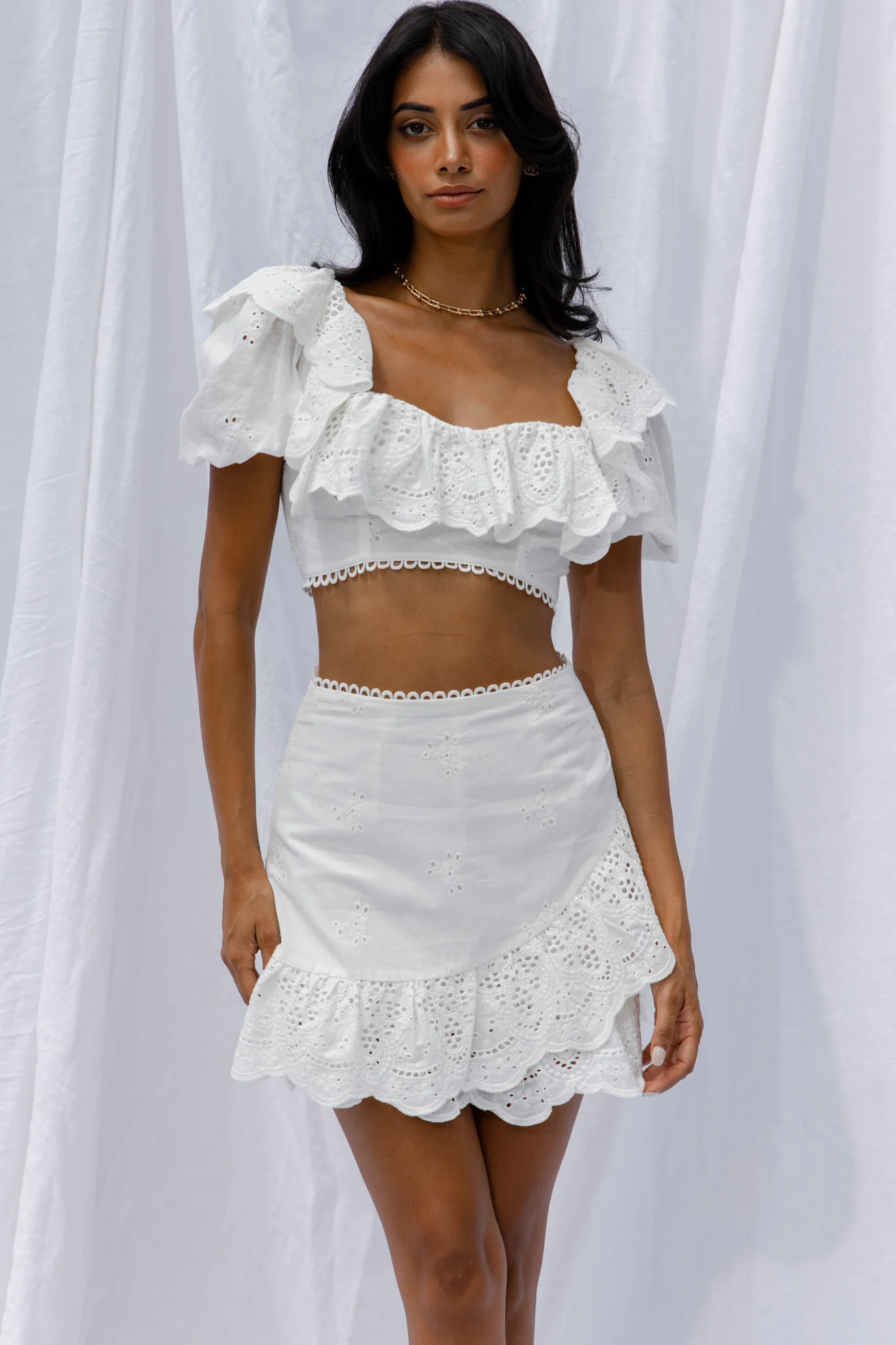 New Moon Scalloped Ruffle Trim Eyelet Skirt White