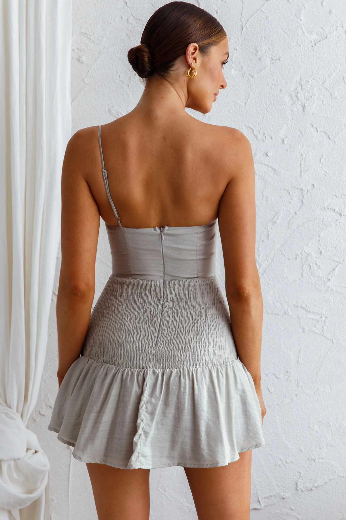 Bridie One Shoulder Shirred Mini Dress Pistachio