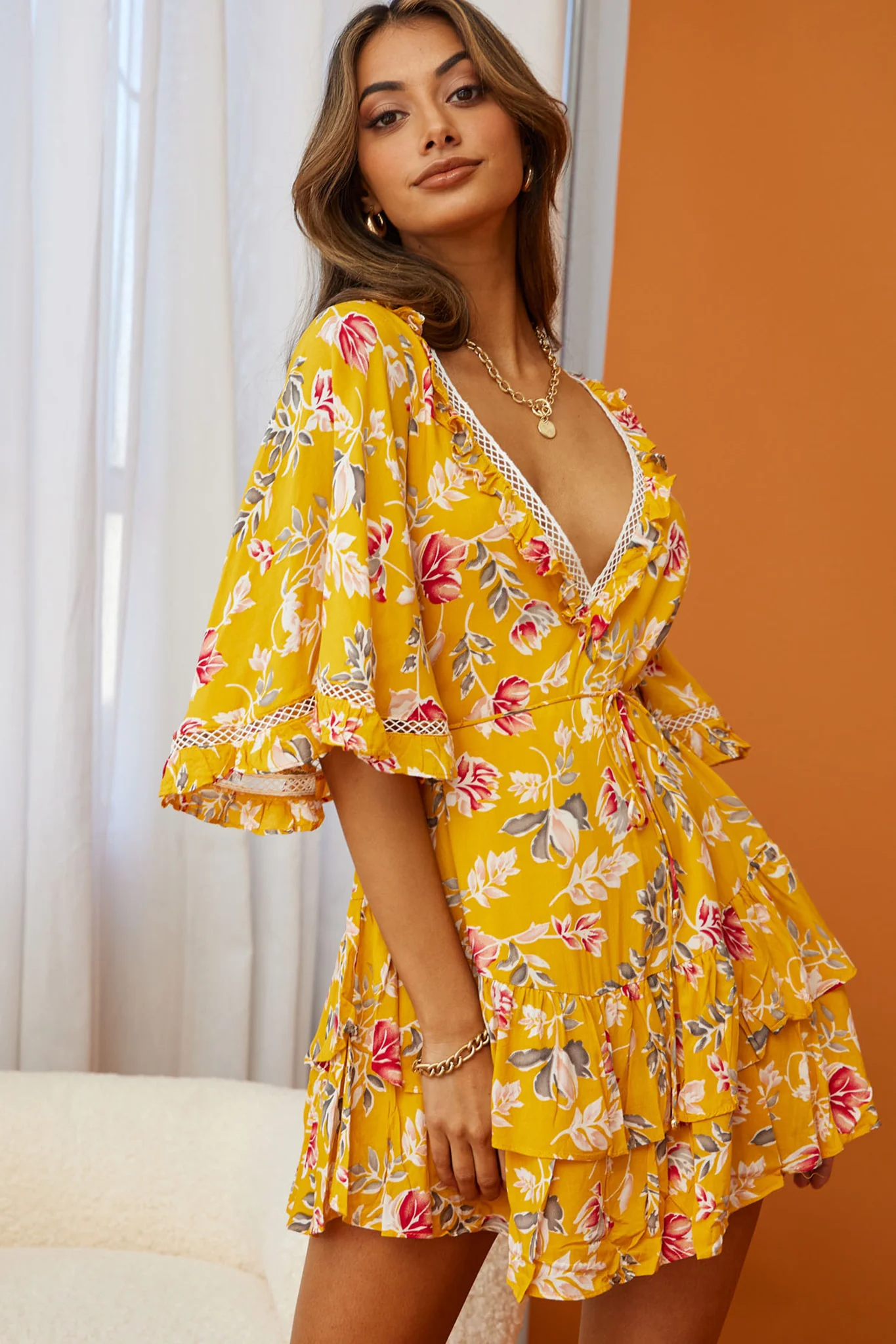 Lotus Crochet Trim Angel Sleeve Dress Floral Print Mustard