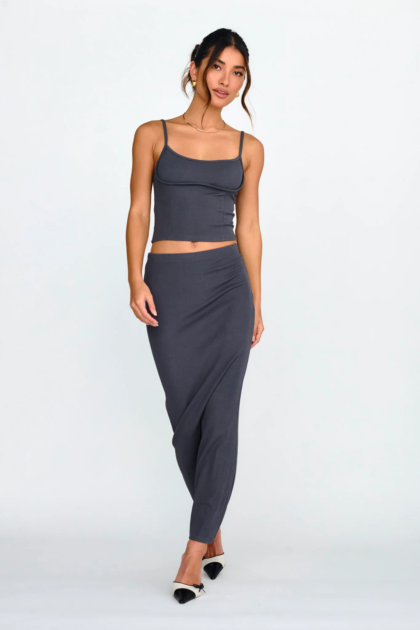 Strike A Pose Ribbed Maxi Skirt Charcoal