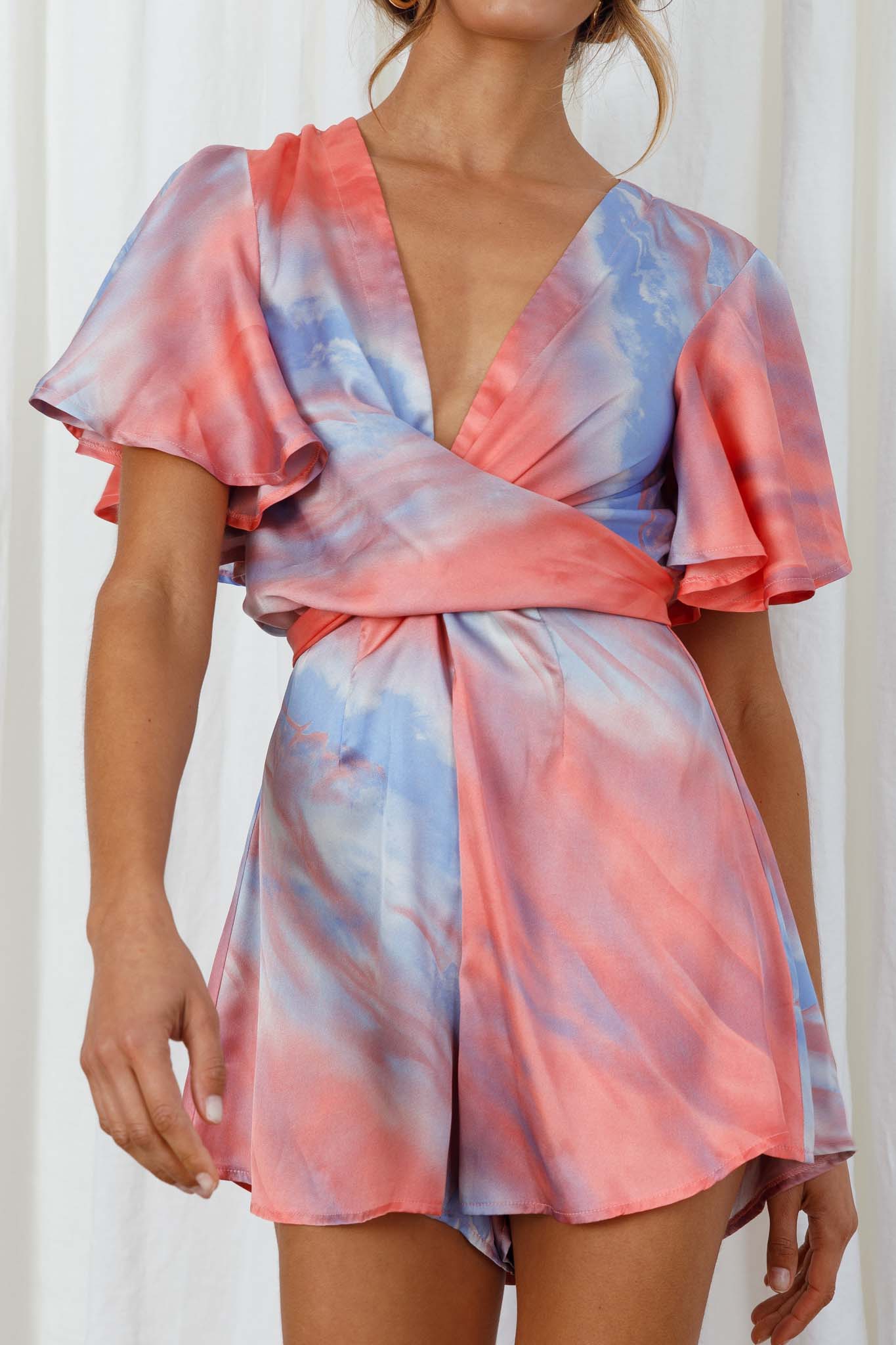 Unconditional Plunging Wrap Style Romper Marbled Tie Dye Red/Purple