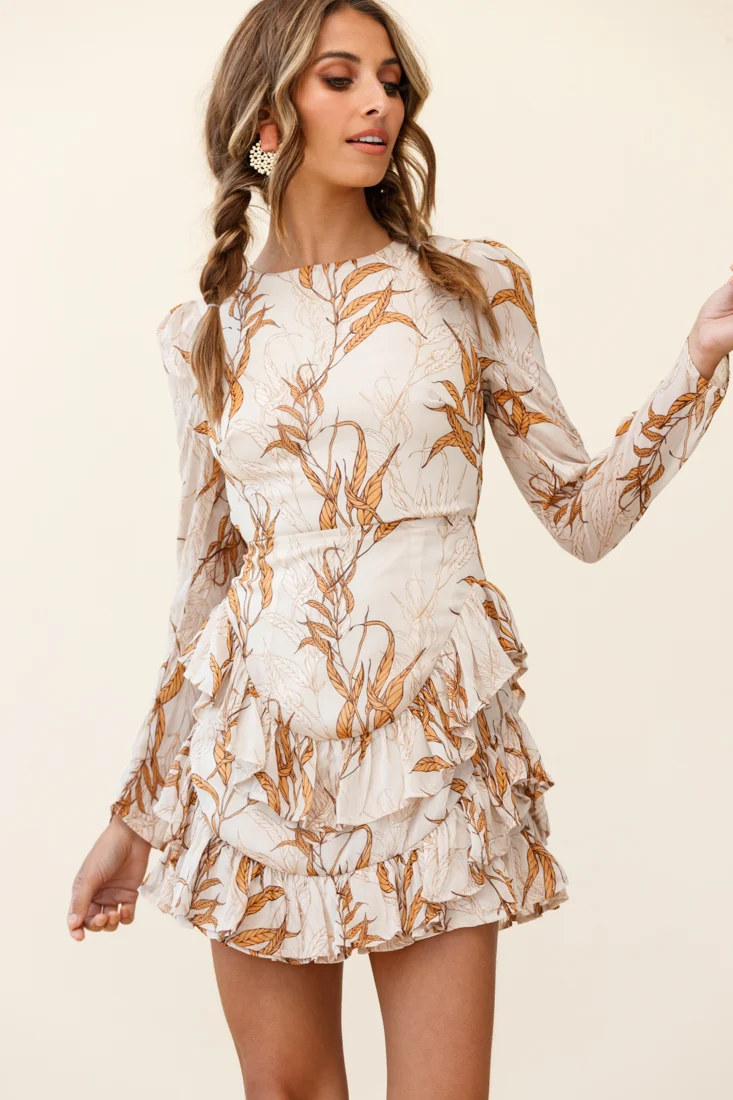 Liz Long Sleeve Double Ruffle Dress Leaf Print Beige
