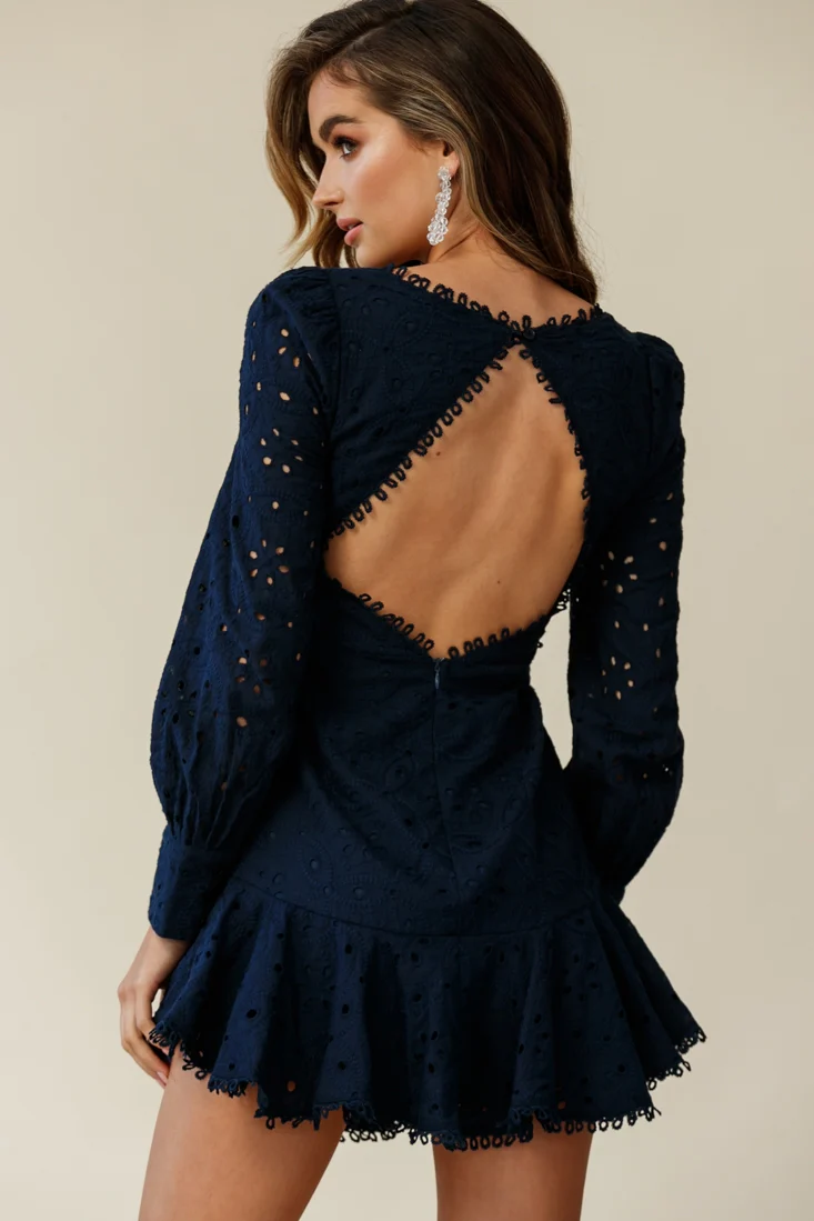 Camellia Open Back Cuff Sleeve Dress Anglaise Navy