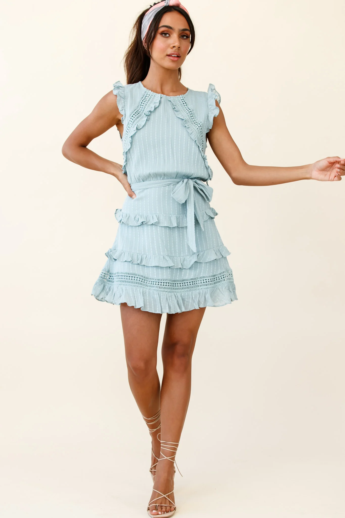 Olga Tiered Frill Detail Waist Tie Dress Sage