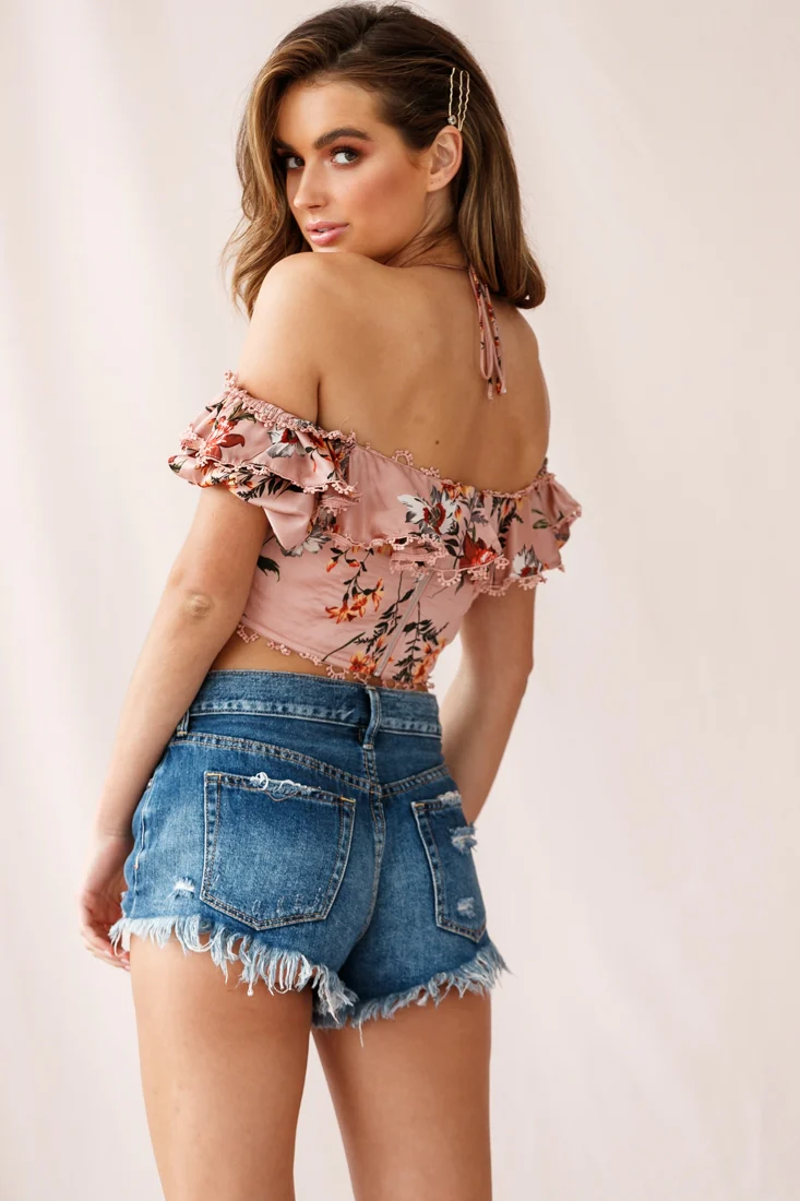 Dallas Halterneck Ruffle Sleeve Crop Top Floral Print Rose