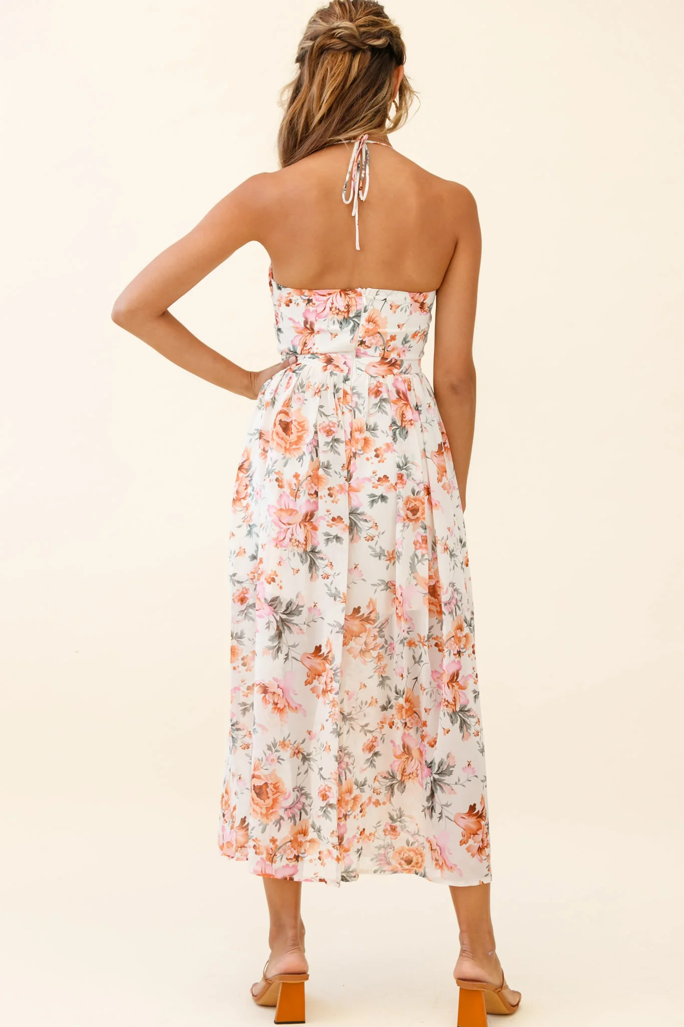 Los Feliz Tied Bust Halterneck Midi Dress Floral Print Pink