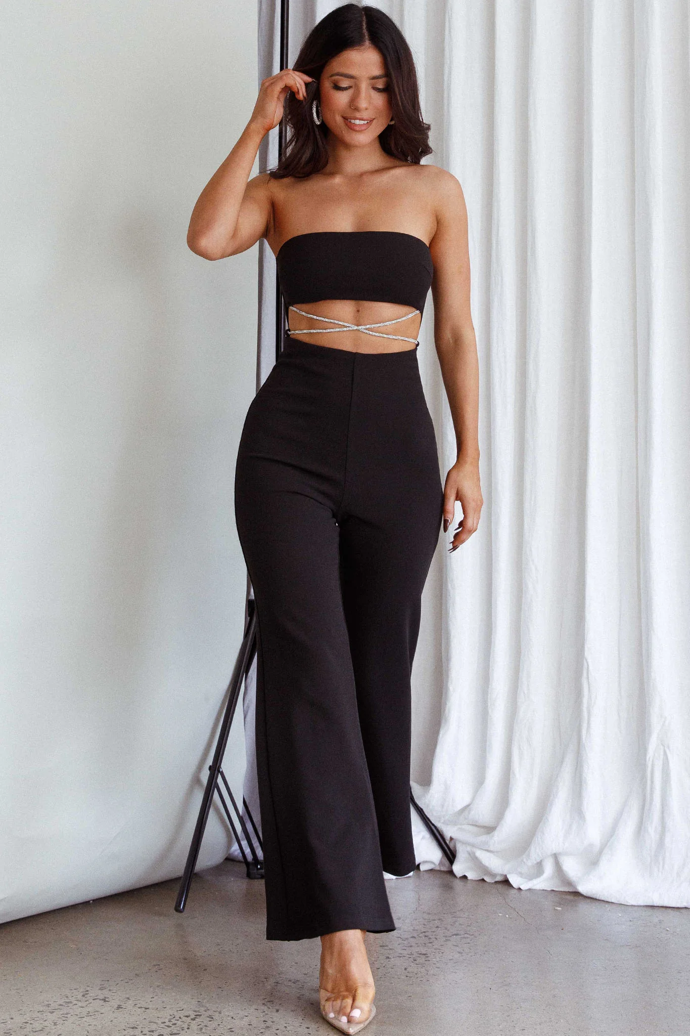 Nohemi Strapless Diamante Jumpsuit Black