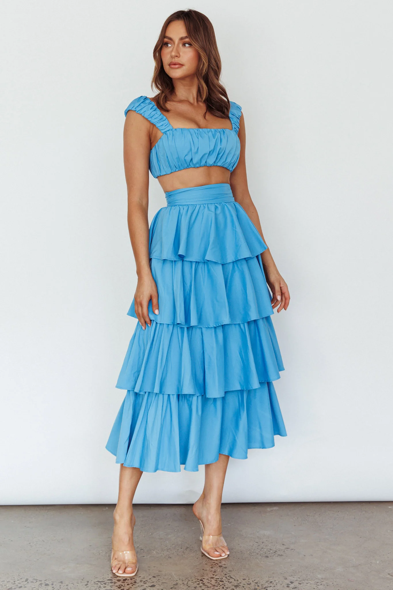 Suenito Tiered Frill Maxi Skirt Blue