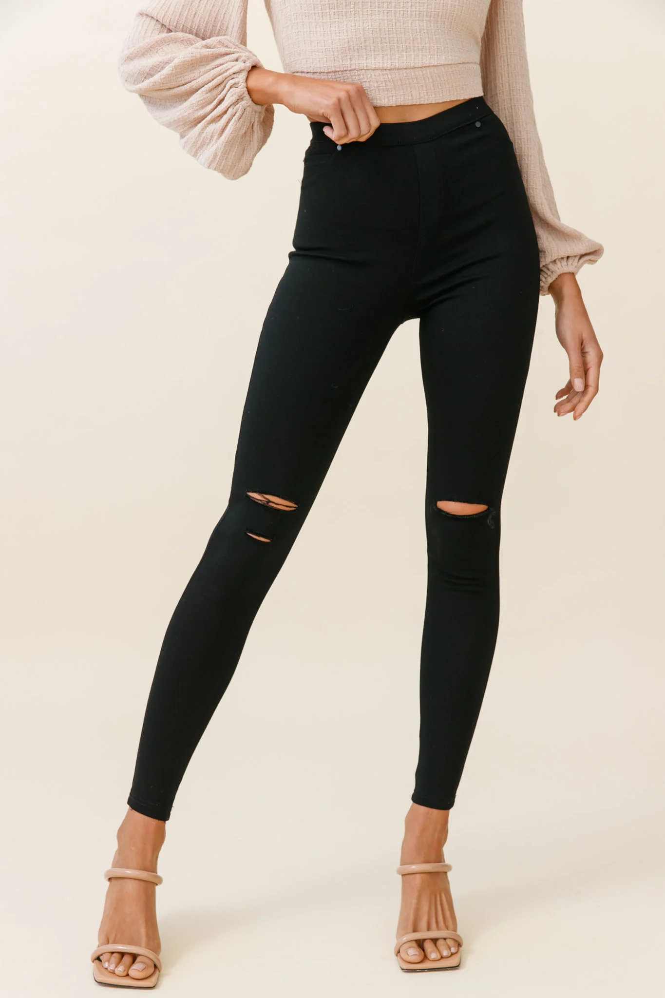 Charleston High-Waisted Ripped Detail Skinny Leg Pants Black