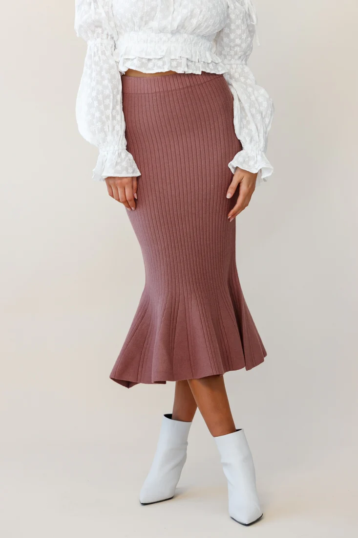 Shalon Ribbed Knit Fluted Hem Midi Skirt Antique Rose