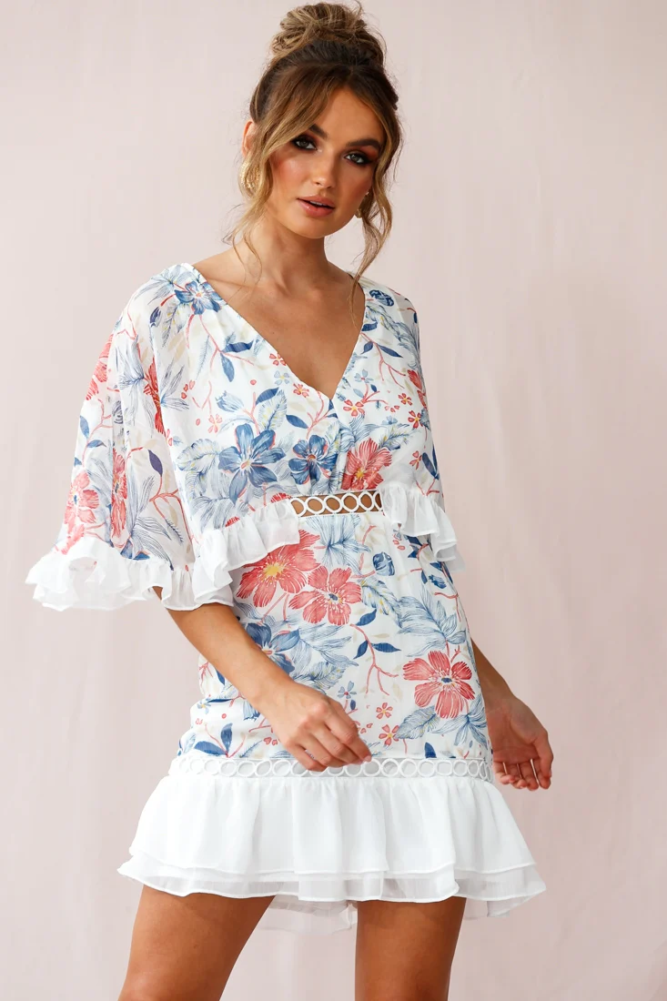 Caspar Batwing Floral Dress White
