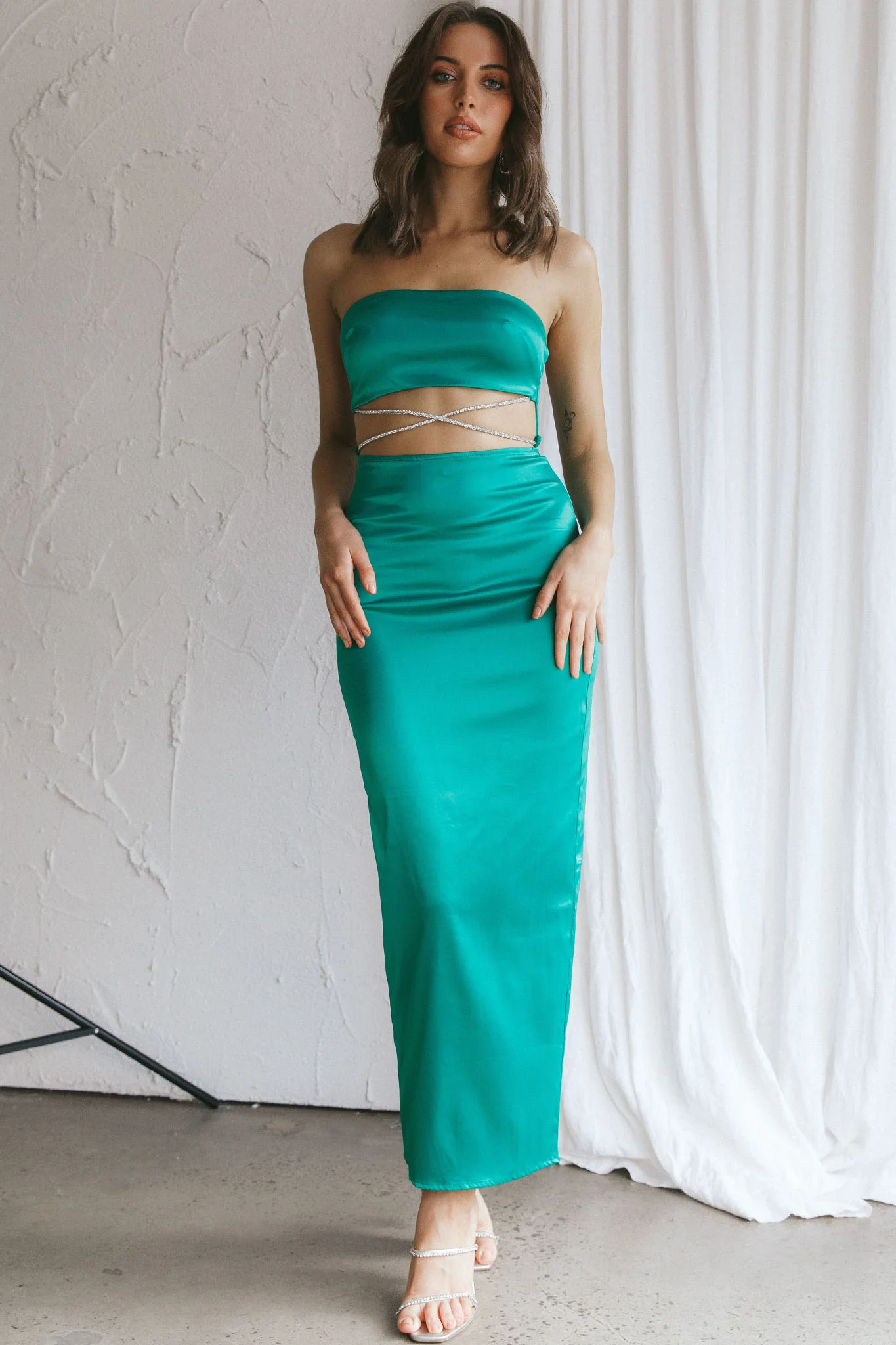 Nohemi Strapless Diamante Maxi Dress Green