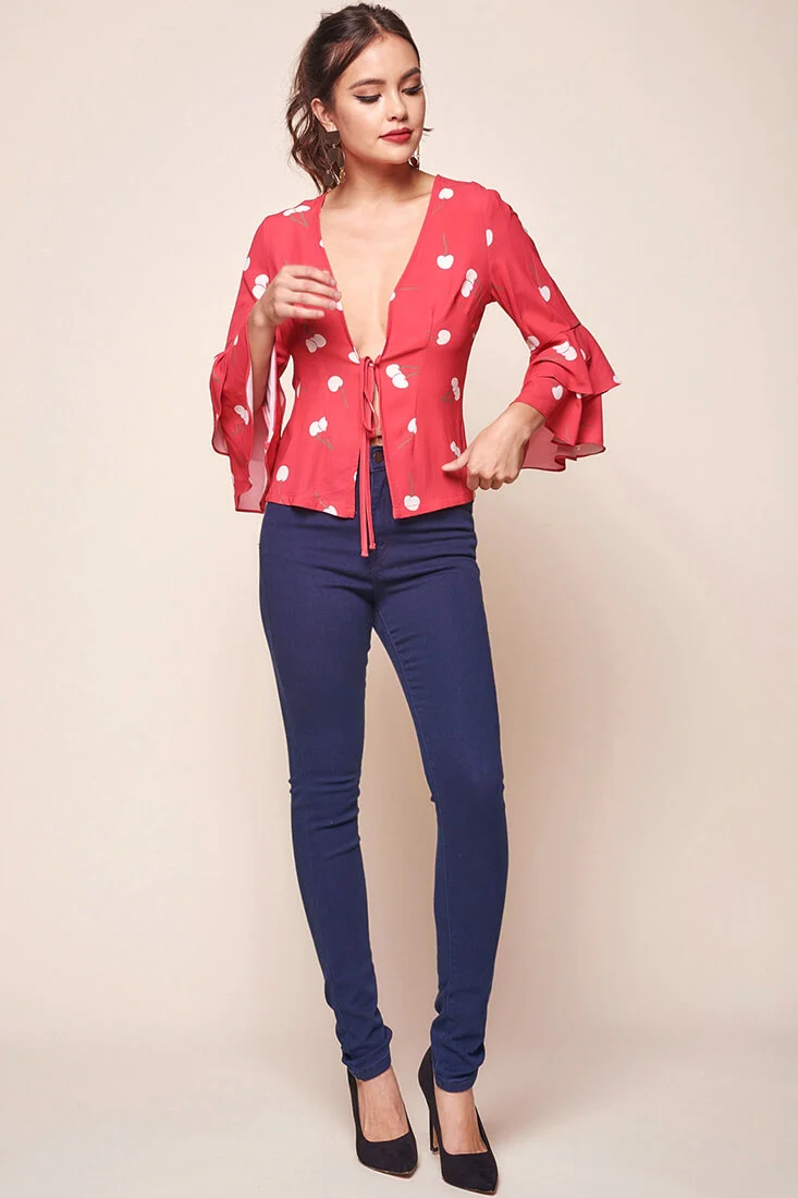 Robbi Cherry on Top Deep V Bell Sleeved Top Red