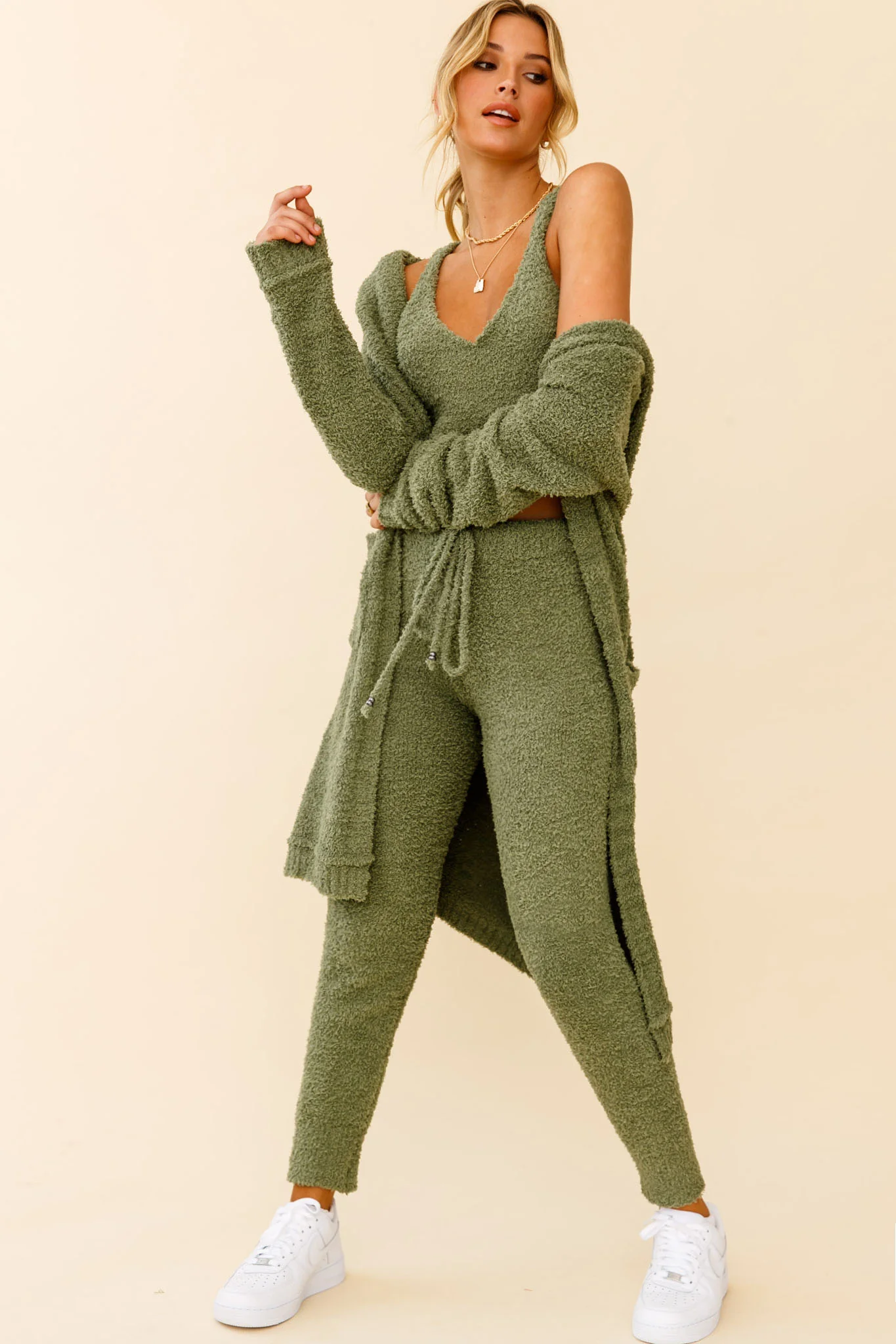 My Girl Fuzzy Knit Longline Pocket Cardigan Sage