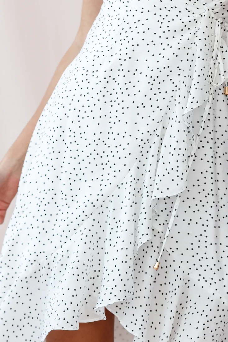 Blessed Wrap Ruffle Hem Midi Dress Dot Print White