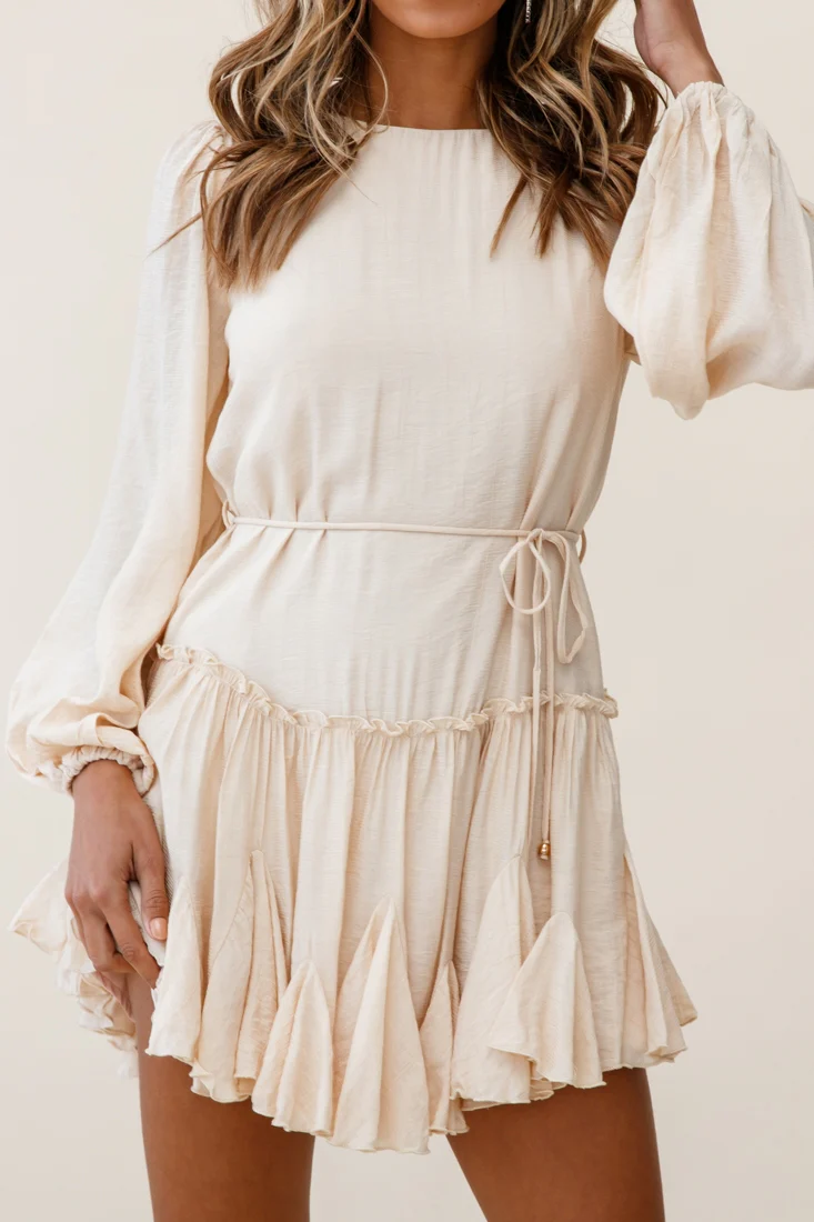 Rosabel Balloon Sleeve Fluted Hem Dress Beige