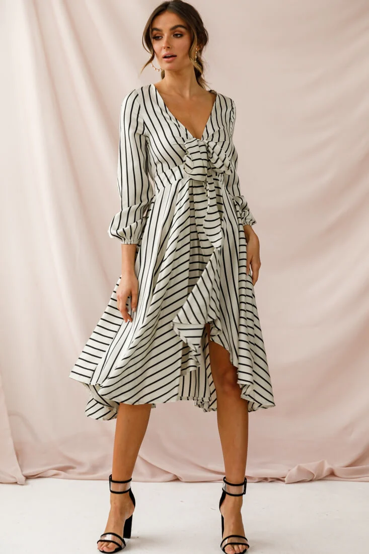 Essex Striped Bust Tie Midi Dress Beige