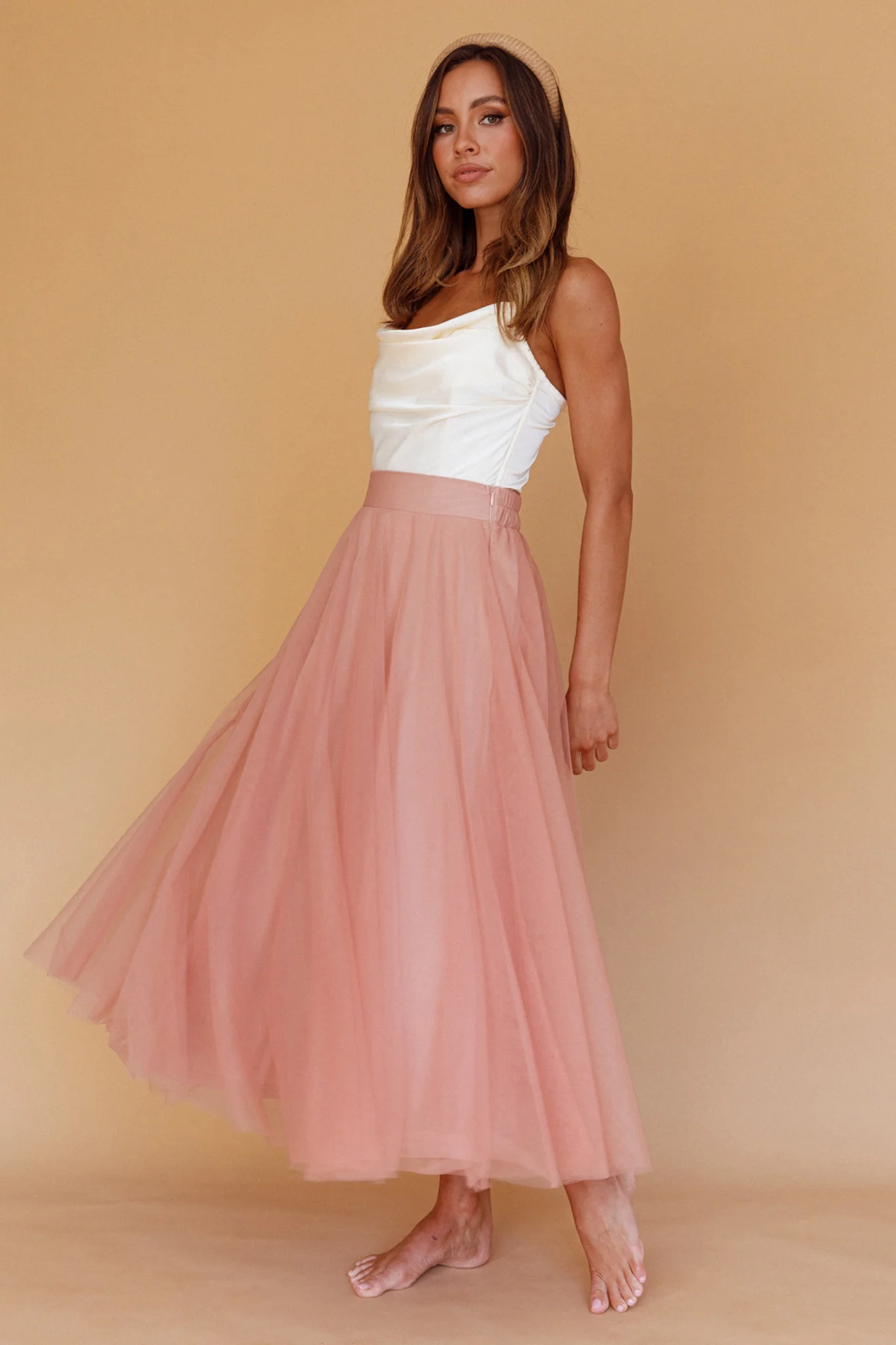 Jasmine Organza Mesh Elasticated Waist Midi Skirt Lipstick