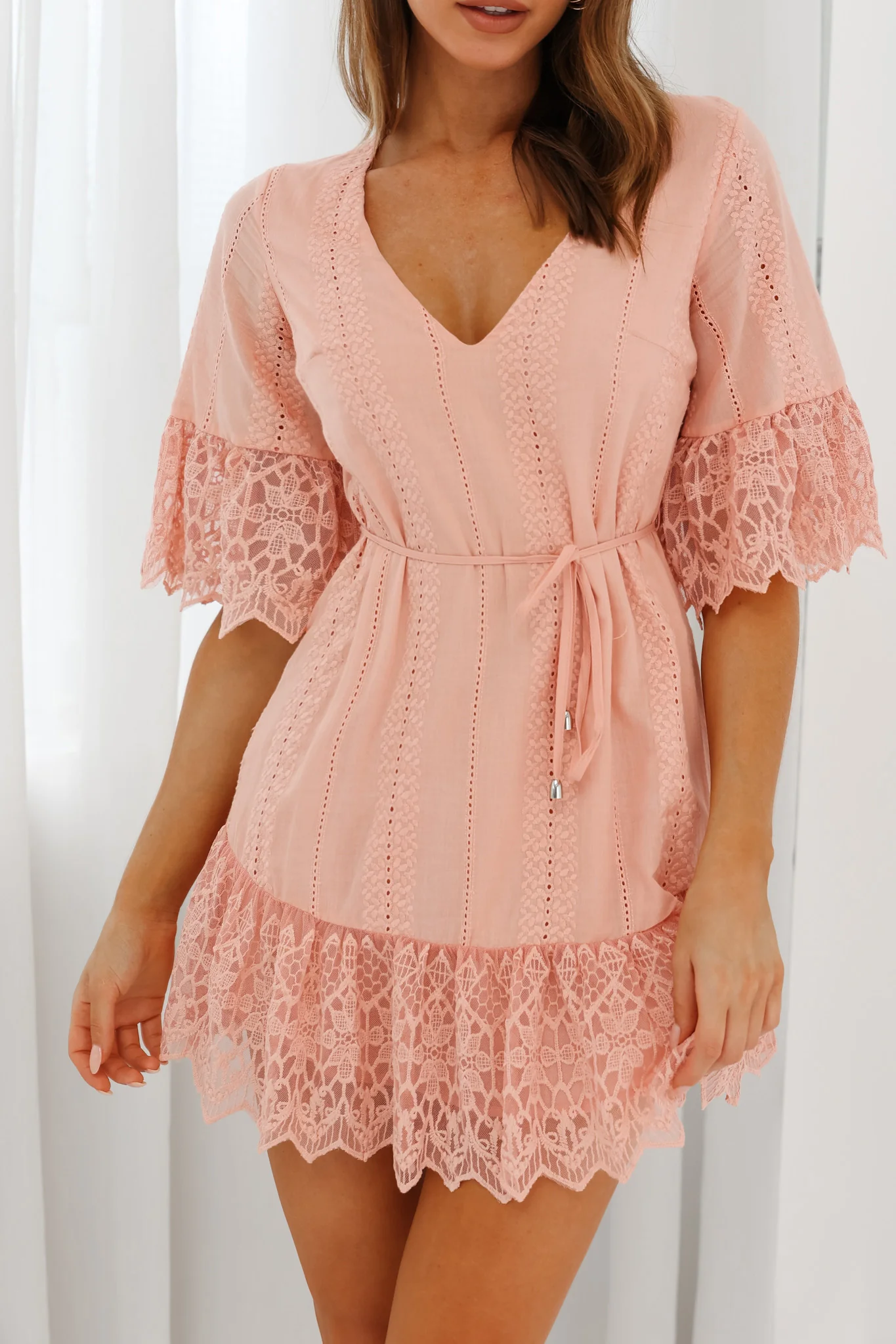Karissa Lace Trim Waist Tie Tunic Dress Blush