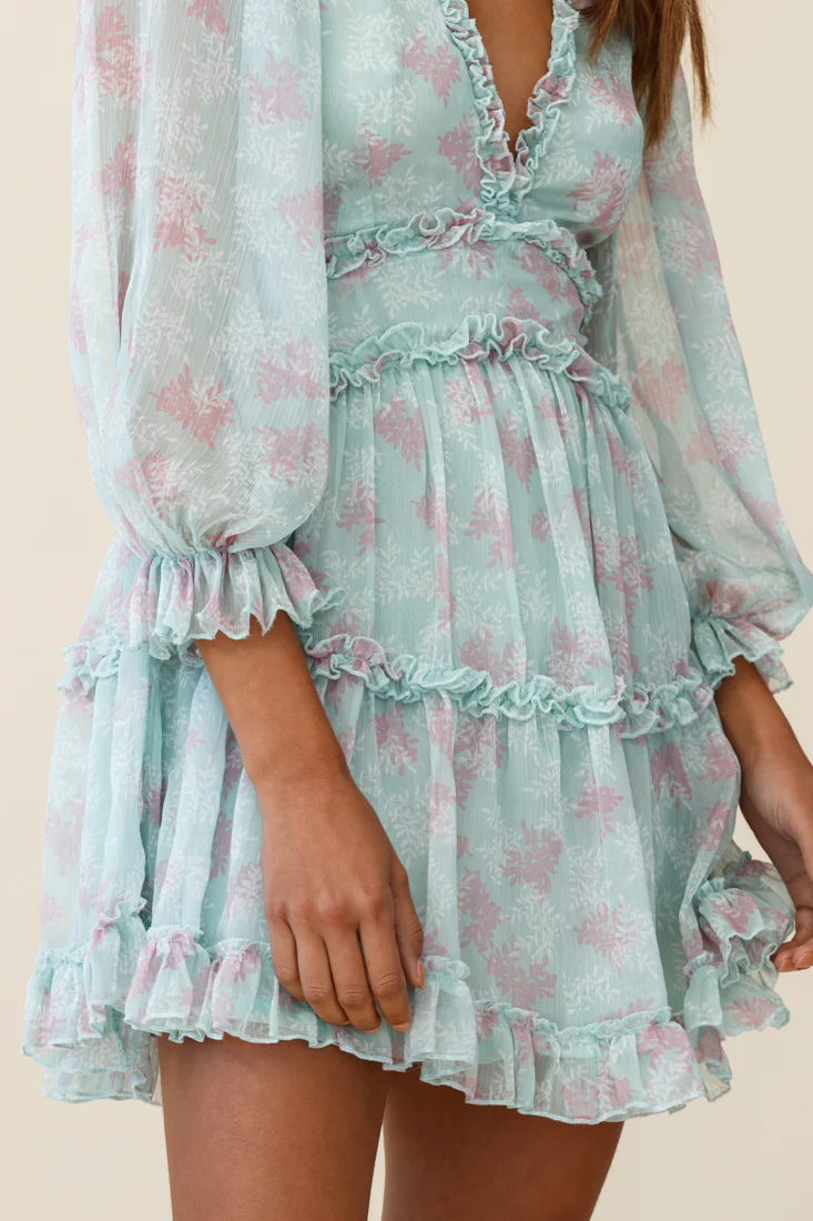 Laney Cutout Back Ruffle Trim Dress Leaves Print Mint