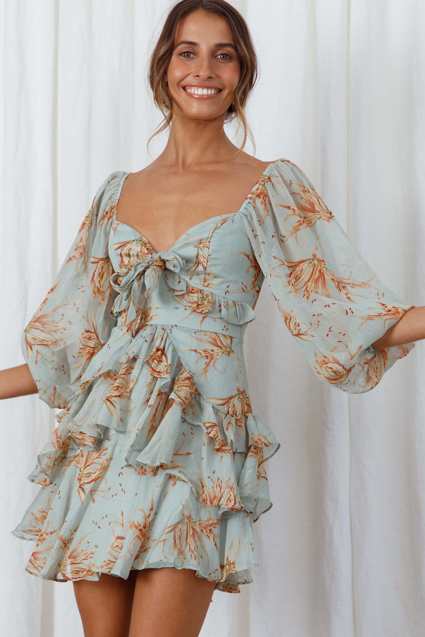 Flower Child Three Quarter Sleeve Bust Tie Ruffle Dress Lily Print Pistachio