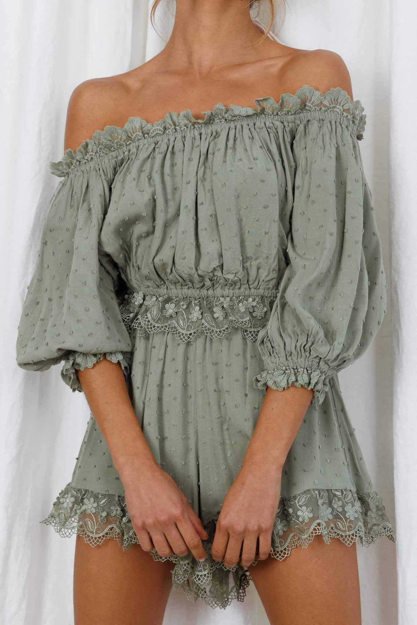 Romilly Scalloped Lace Trim Off-Shoulder Top Olive