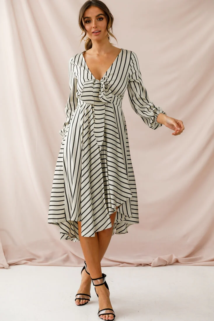 Essex Striped Bust Tie Midi Dress Beige