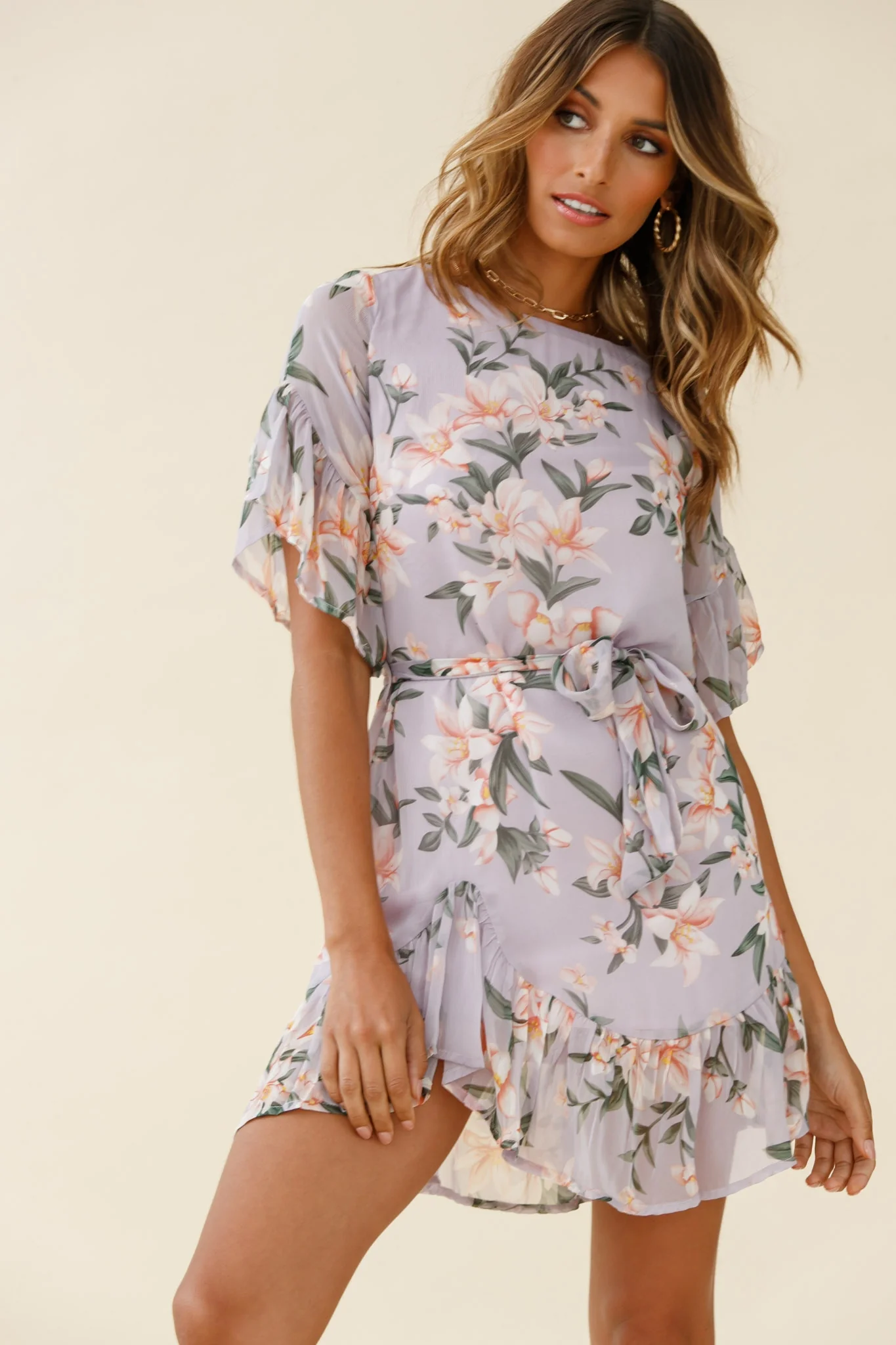 Azealia Ruffle Hem Dress Flower Print Purple