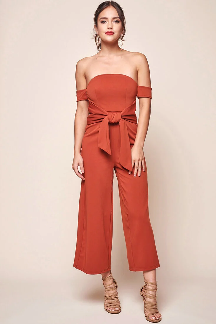 Joan Off the Shoulder Waist Tie Wide Leg Jumpsuit Rust