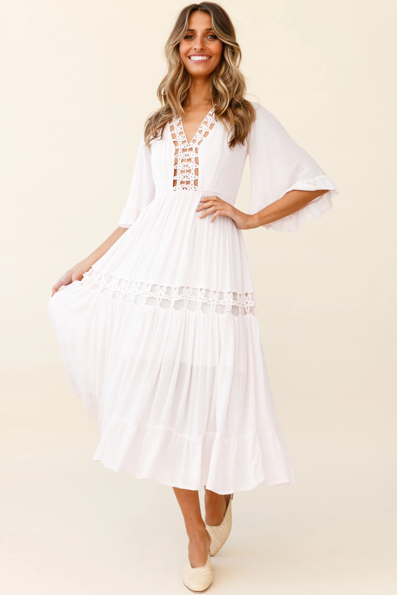 Feeling Groovy Bell Sleeve Crochet Trim Maxi Dress Pink