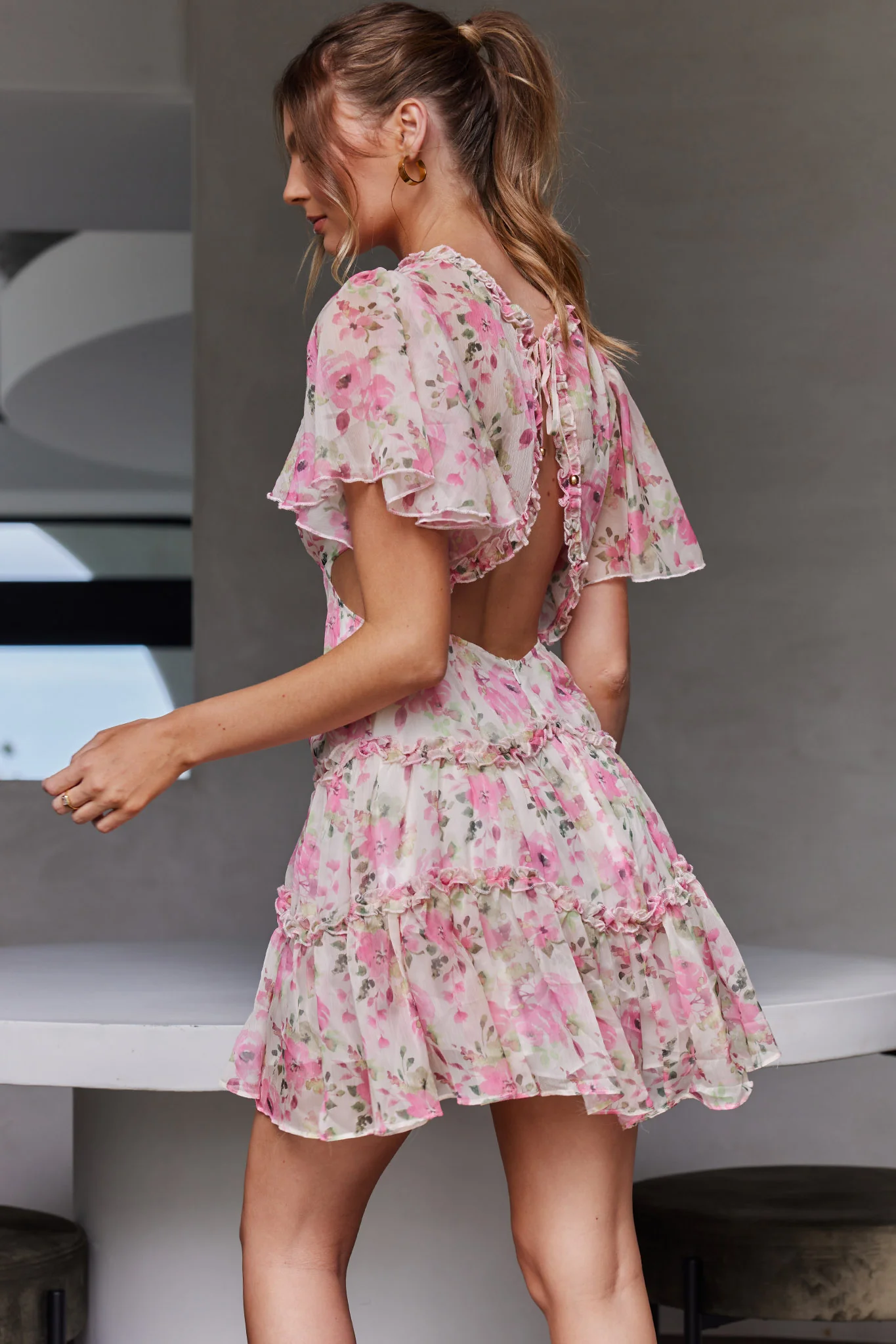 Tres Chic Flutter Sleeve Cut-Out Dress Floral Pink