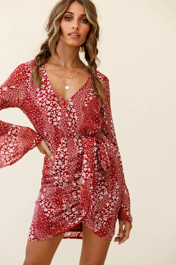 Simona Long Sleeve Wrap Style Dress Floral Print Red