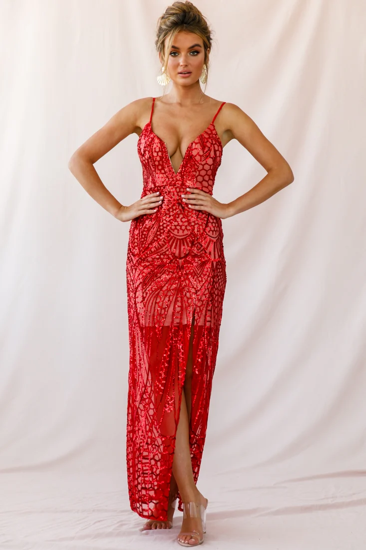 Miya Sequin Overlay Plunging Neckline Dress Red