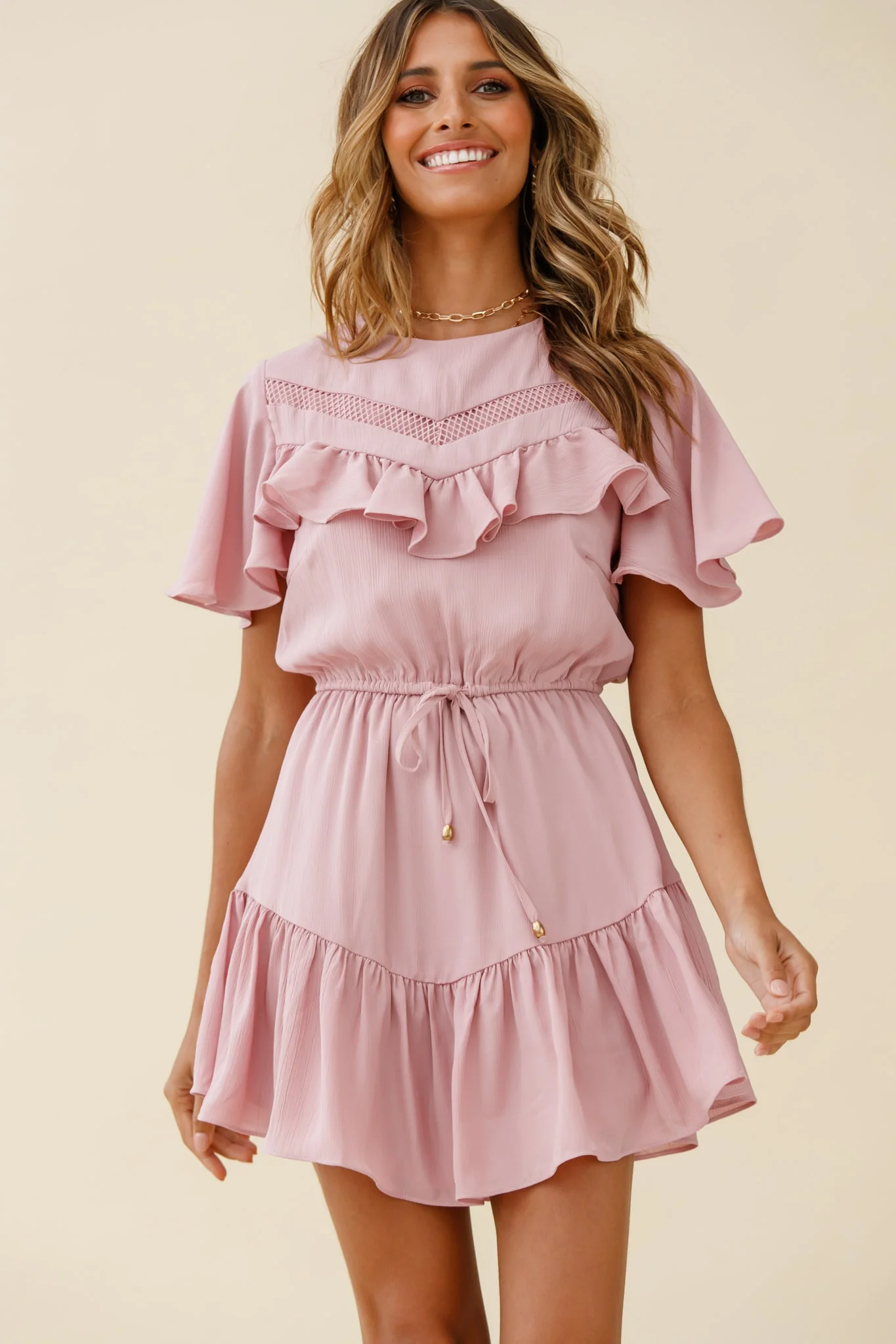Forever Free Angel Sleeve Drawstring Waist Dress Blush